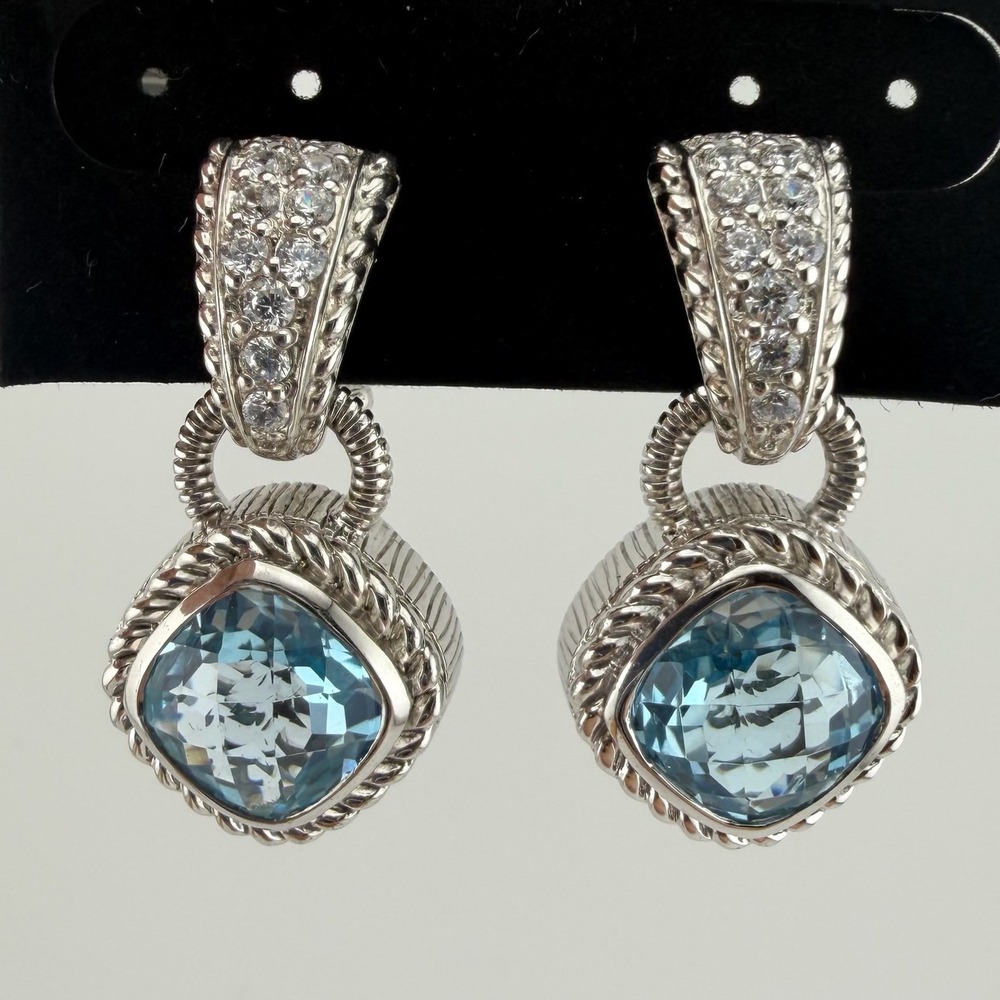 Judith Ripka 925 Sterling Silver Blue Topaz CZ Drop Earrings Fleur-de-Lis